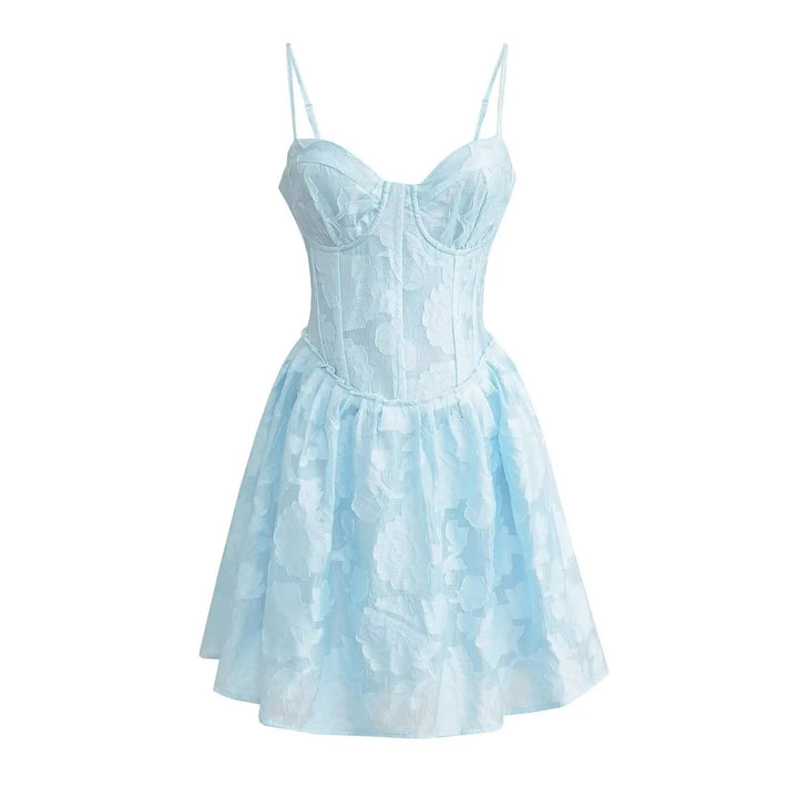Vatican Blue Dream Floral Pattern Bustier Corset Midi Dress