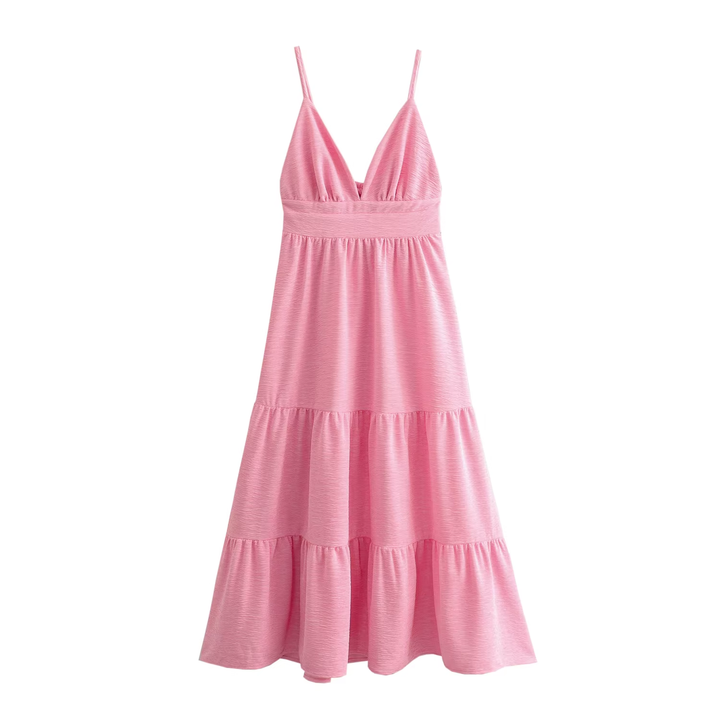 Kyrie Pink V Neck Bow Back Tiered Sleeveless Midi Dress