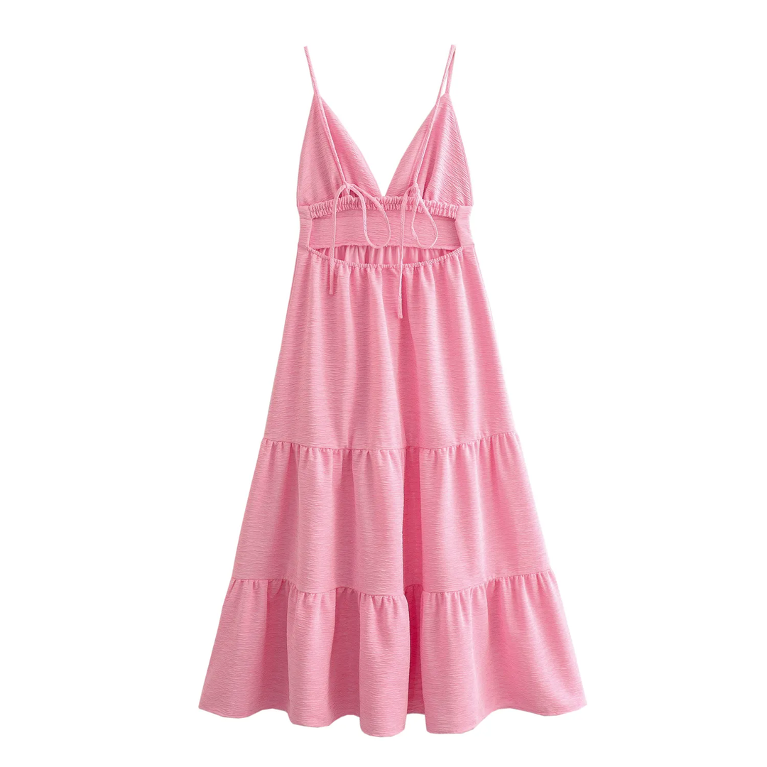 Kyrie Pink V Neck Bow Back Tiered Sleeveless Midi Dress