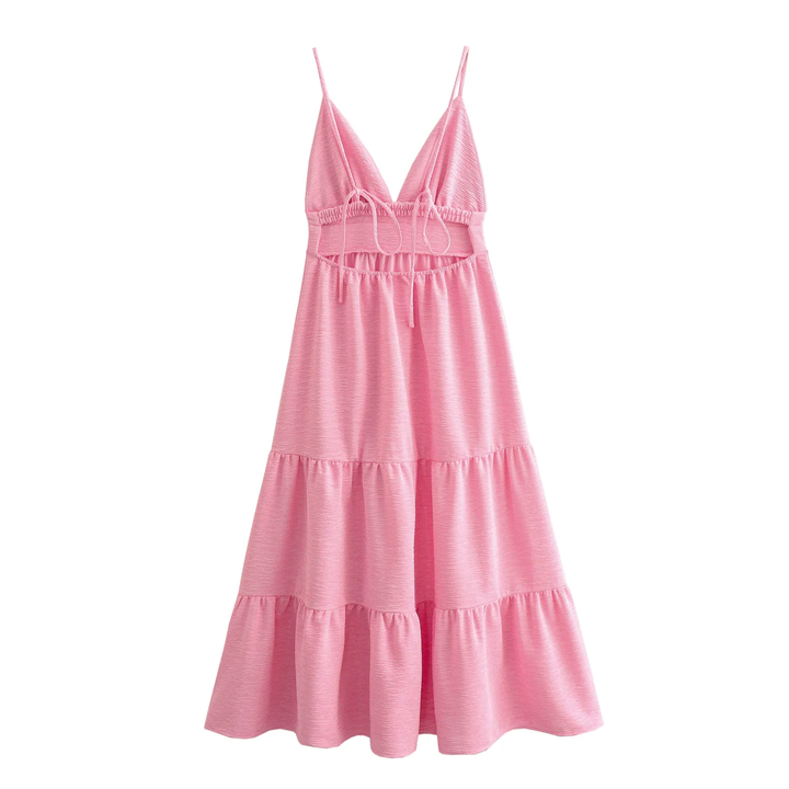 Kyrie Pink V Neck Bow Back Tiered Sleeveless Midi Dress