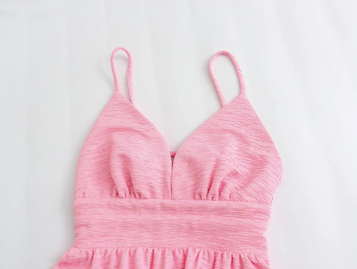 Kyrie Pink V Neck Bow Back Tiered Sleeveless Midi Dress