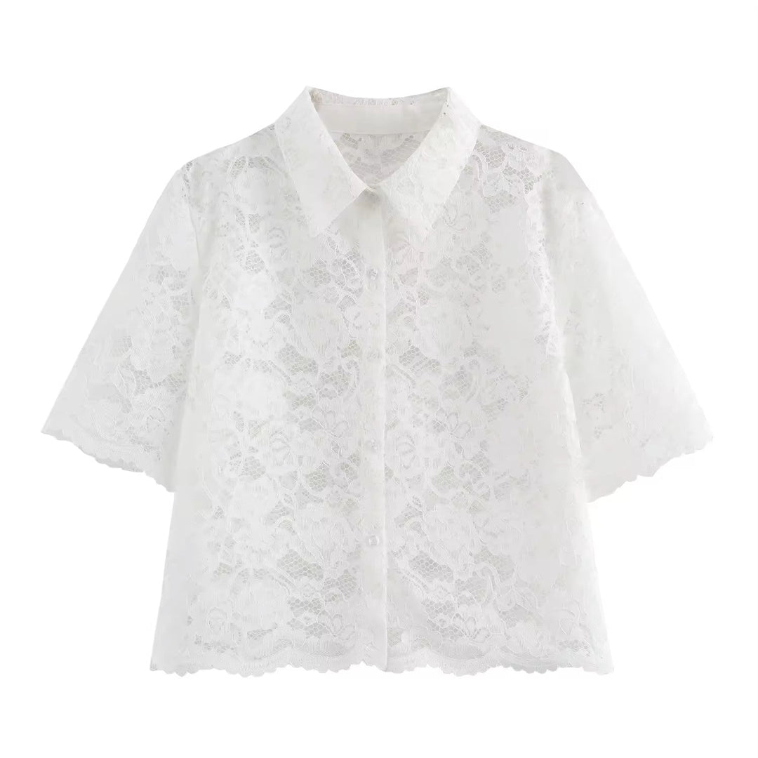 Charvi White Floral Lace Turn Down Collar Short Sleeve Top Square Pants 2 Piece Set