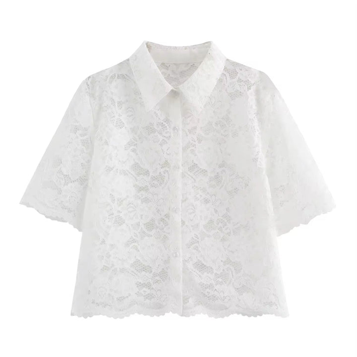 Charvi White Floral Lace Turn Down Collar Short Sleeve Top Square Pants 2 Piece Set