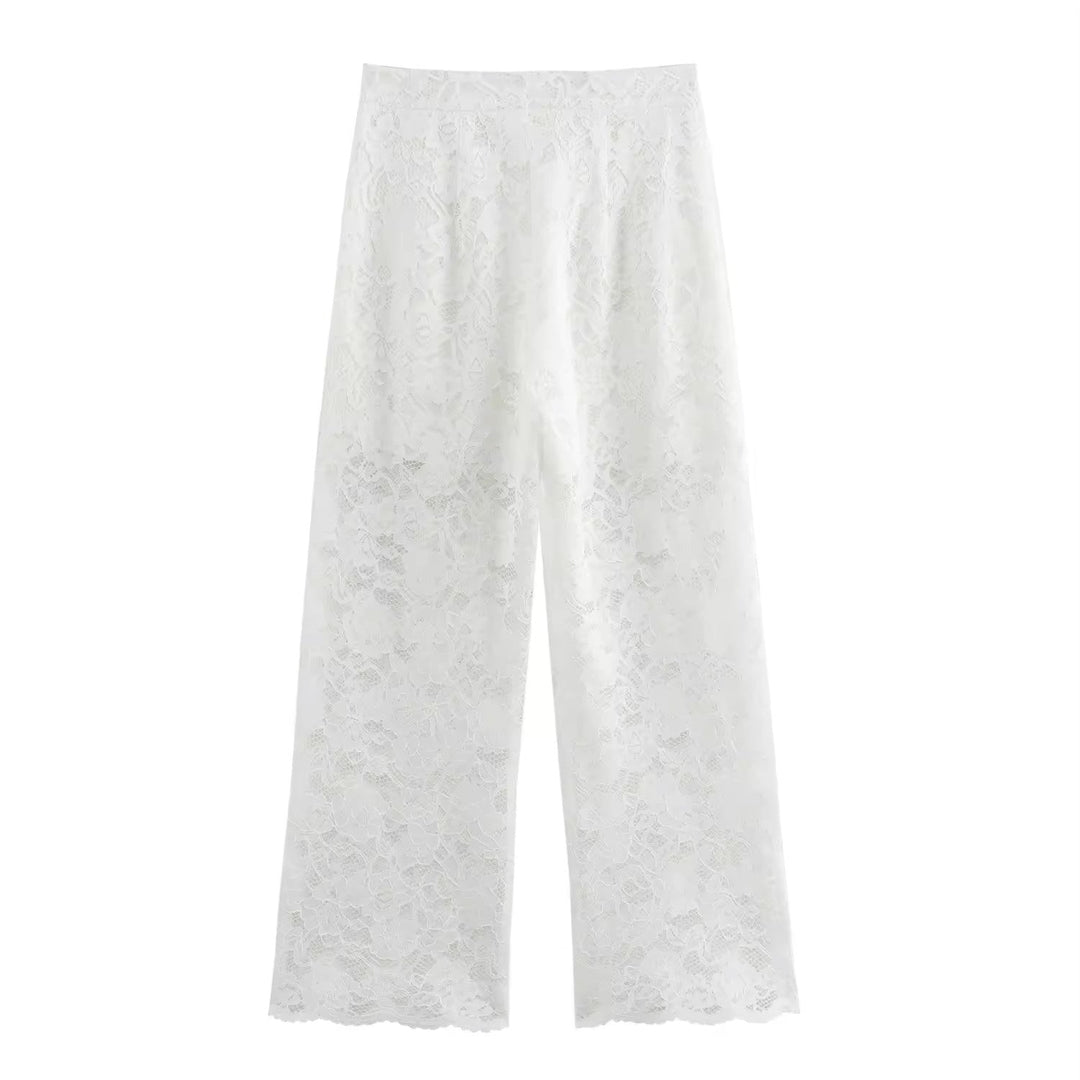 Charvi White Floral Lace Turn Down Collar Short Sleeve Top Square Pants 2 Piece Set