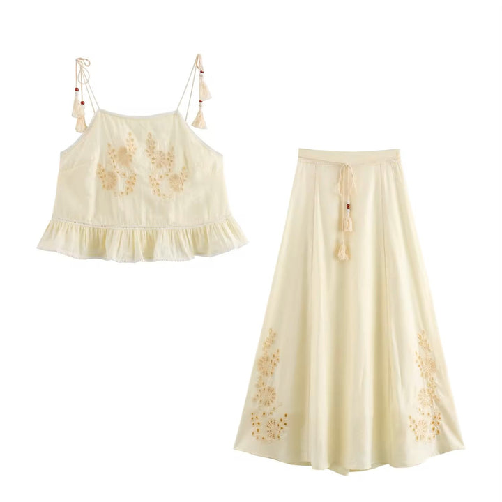 Sycamore Beige Front Embroidery Eyelet Crop Tank Top Drawstring Waist Maxi Skirt 2 Piece Set