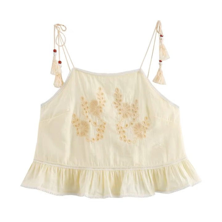 Sycamore Beige Front Embroidery Eyelet Crop Tank Top Drawstring Waist Maxi Skirt 2 Piece Set