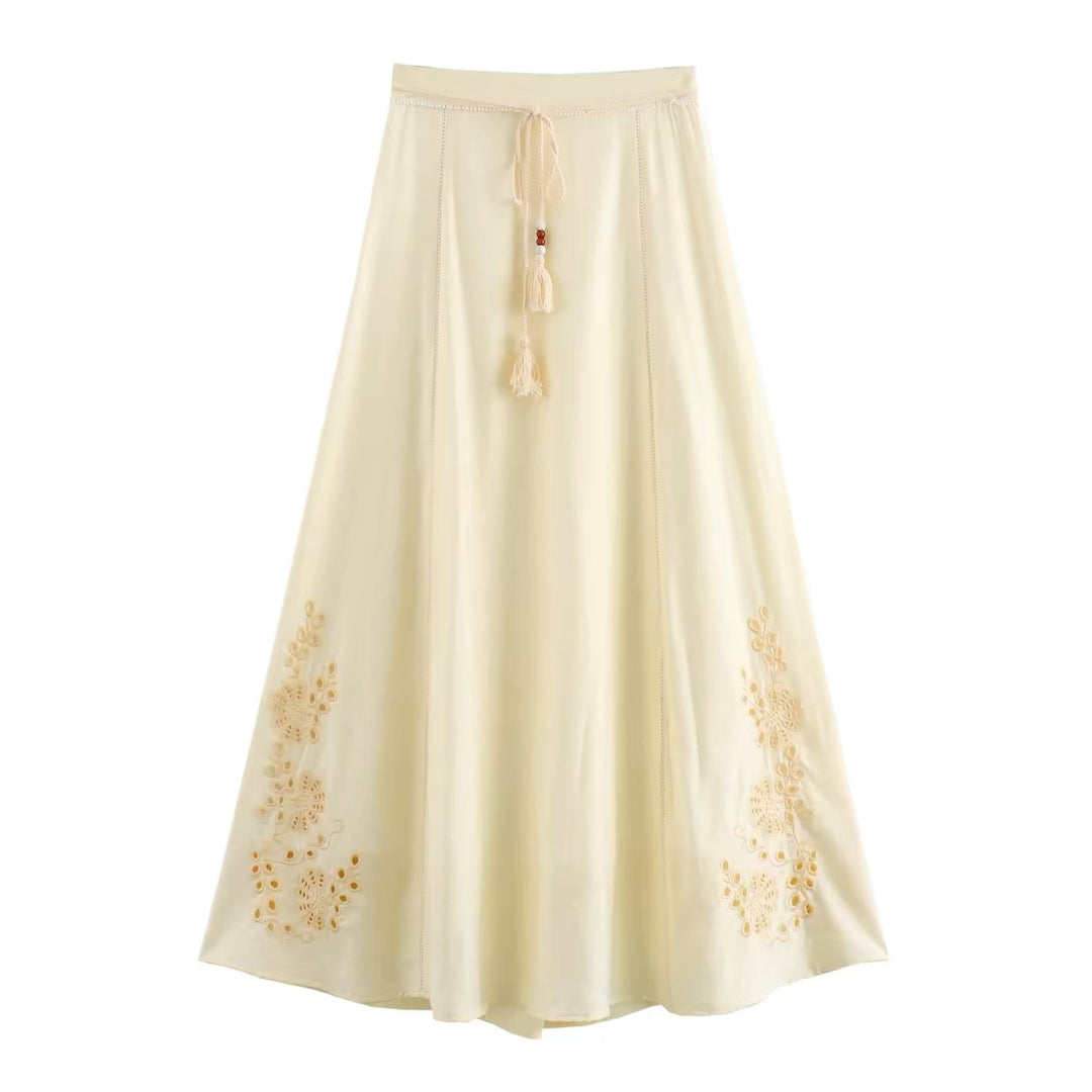 Sycamore Beige Front Embroidery Eyelet Crop Tank Top Drawstring Waist Maxi Skirt 2 Piece Set