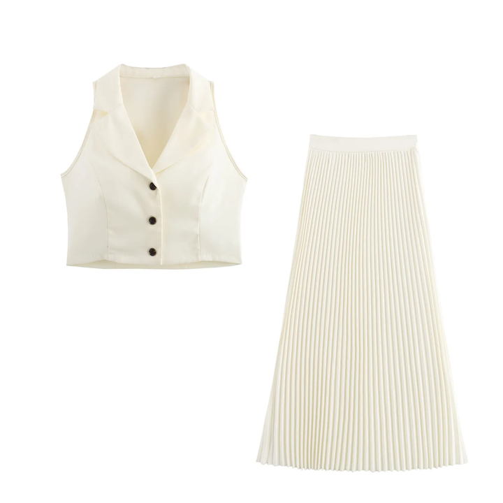 Kenzie Beige Notched Collar Vest Waistcoat and Long Skirt Set