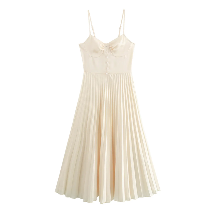 Urie Beige Buttons Up Pleated Midi Dress