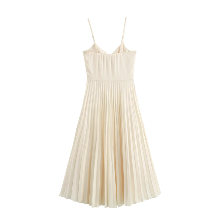 Urie Beige Buttons Up Pleated Midi Dress
