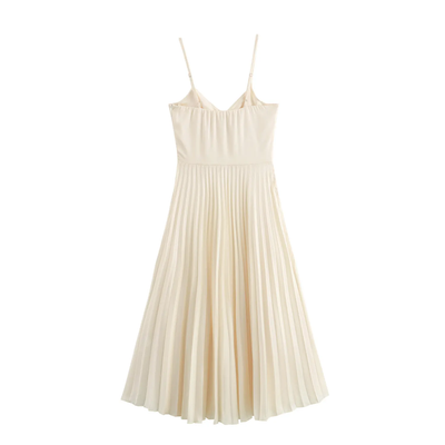 Urie Beige Buttons Up Pleated Midi Dress