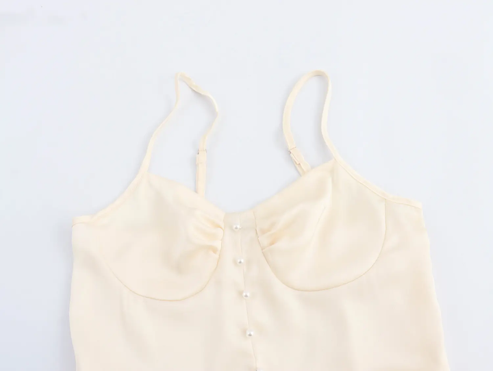 Urie Beige Buttons Up Pleated Midi Dress