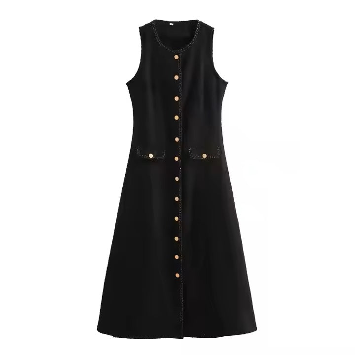Alcapone Black Tweed Crew Neck Sleeveless Buttons Up Maxi Dress