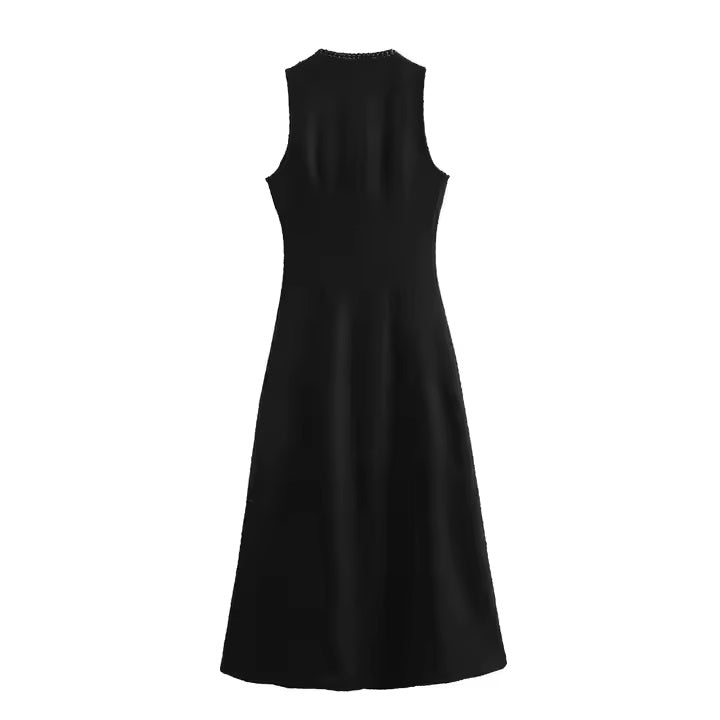 Alcapone Black Tweed Crew Neck Sleeveless Buttons Up Maxi Dress