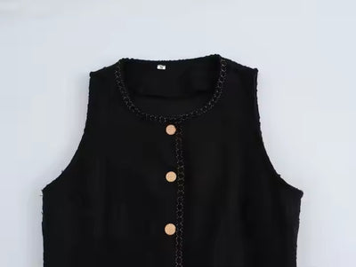 Alcapone Black Tweed Crew Neck Sleeveless Buttons Up Maxi Dress