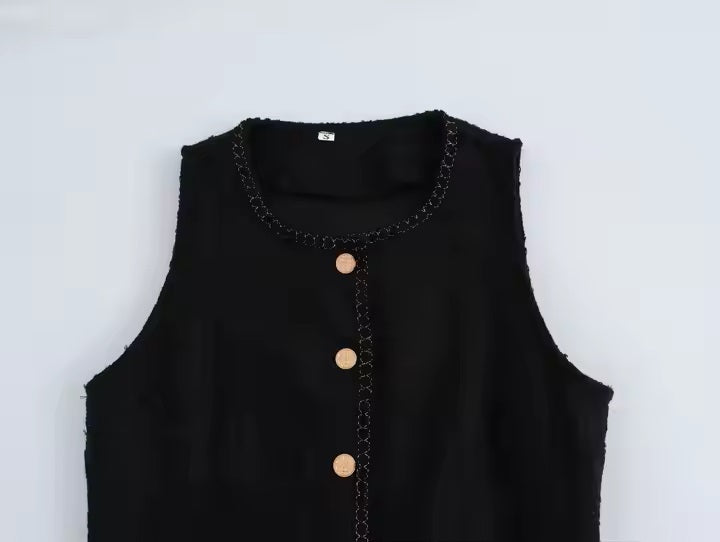 Alcapone Black Tweed Crew Neck Sleeveless Buttons Up Maxi Dress