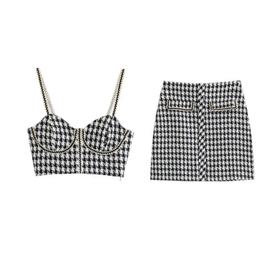 Iann Black and White Chekered Shaped Bust Sleeveless Top and Back Zipper Mini Skirt Tweed Set