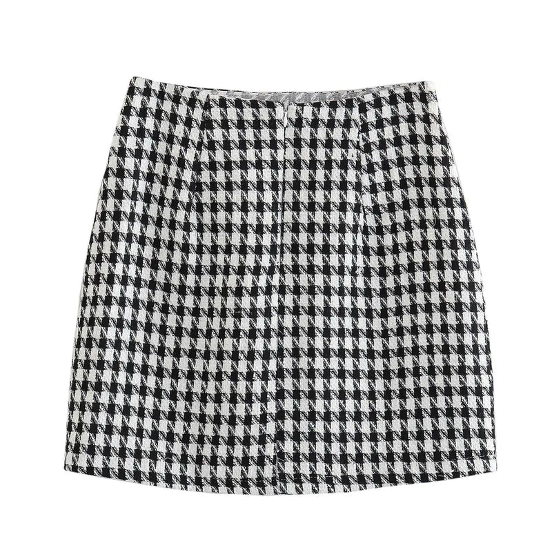Iann Black and White Chekered Shaped Bust Sleeveless Top and Back Zipper Mini Skirt Tweed Set