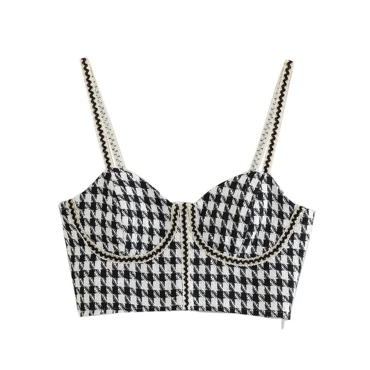 Iann Black and White Chekered Shaped Bust Sleeveless Top and Back Zipper Mini Skirt Tweed Set
