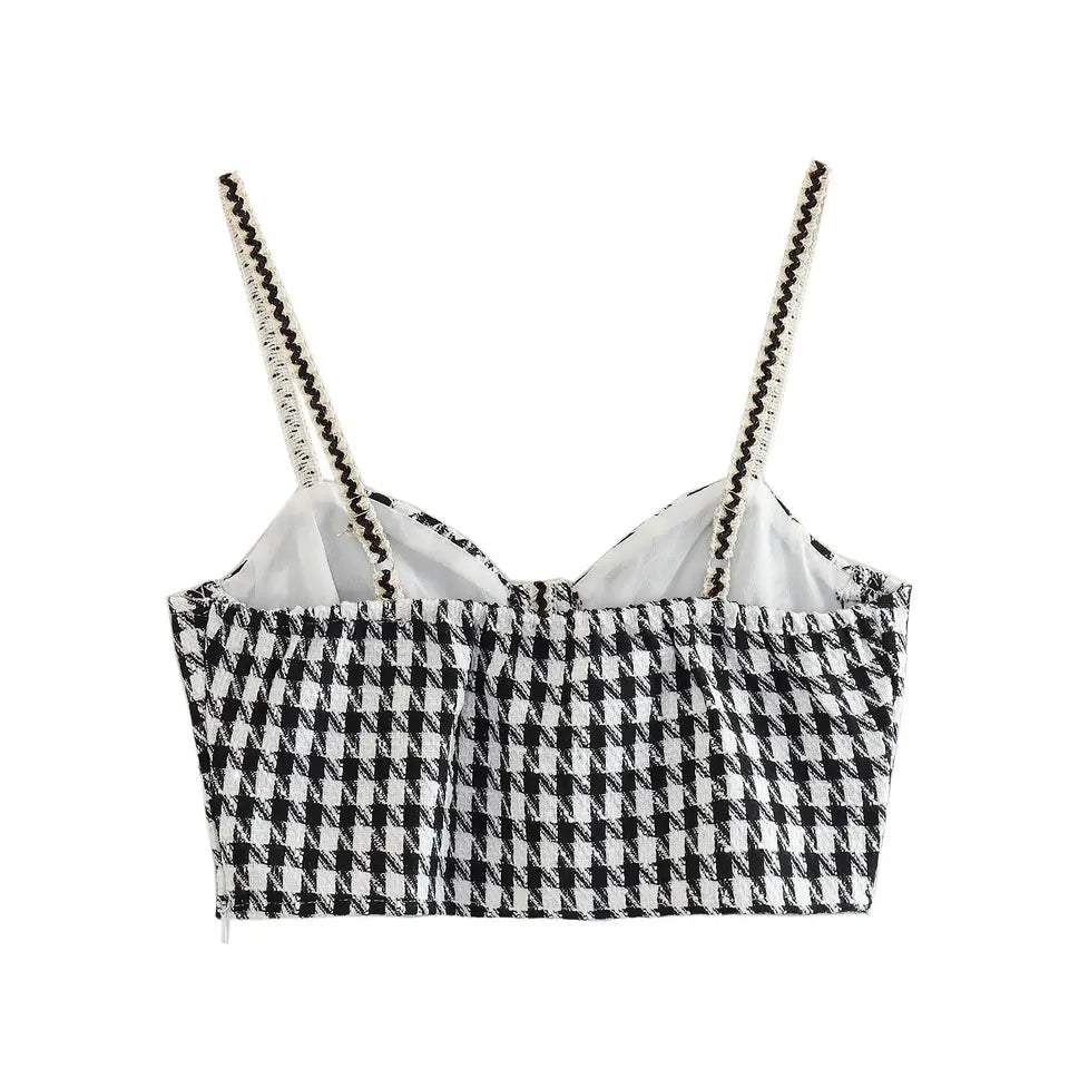 Iann Black and White Chekered Shaped Bust Sleeveless Top and Back Zipper Mini Skirt Tweed Set