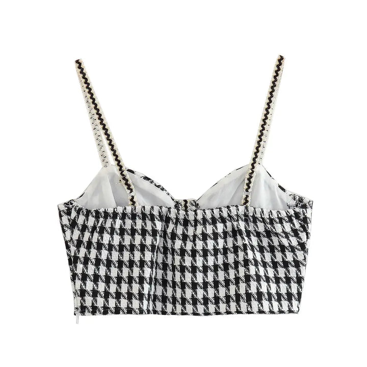 Iann Black and White Chekered Shaped Bust Sleeveless Top and Back Zipper Mini Skirt Tweed Set