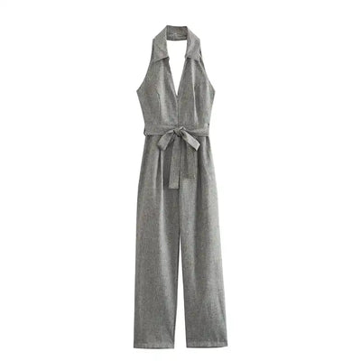 Analou Grey Collar V Neck Sashes Front Zipper Hallow Out Back Halter  Sleeveless Jumpsuit