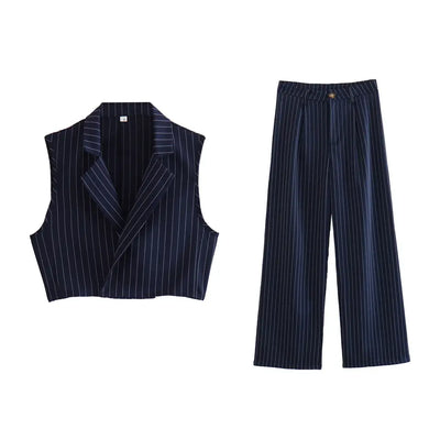 Royce Blue Stripes Notched Collar Waistcoat Top and Zipper Fly Casual Pants Set