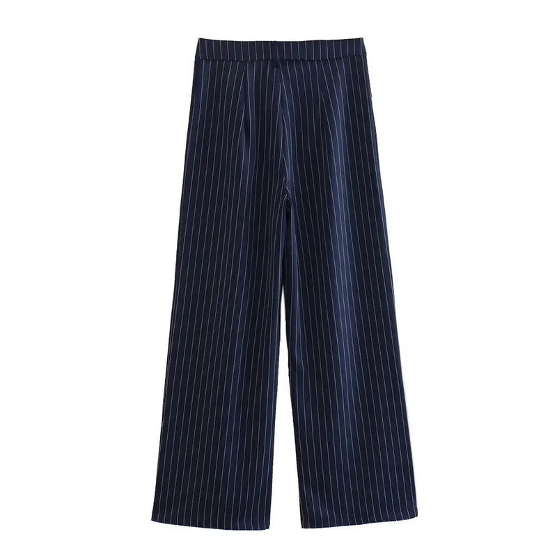 Royce Blue Stripes Notched Collar Waistcoat Top and Zipper Fly Casual Pants Set