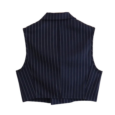 Royce Blue Stripes Notched Collar Waistcoat Top and Zipper Fly Casual Pants Set