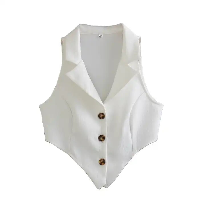 Eliane White V Neck Notched Collar  Single Breasted V-Shaped Front Sleeveless Crop Top