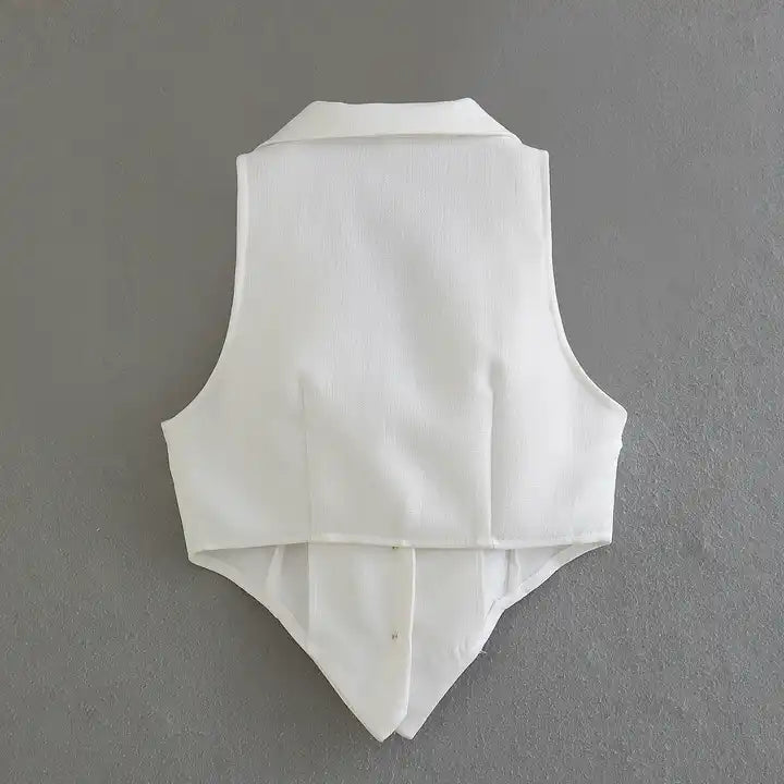 Eliane White V Neck Notched Collar  Single Breasted V-Shaped Front Sleeveless Crop Top