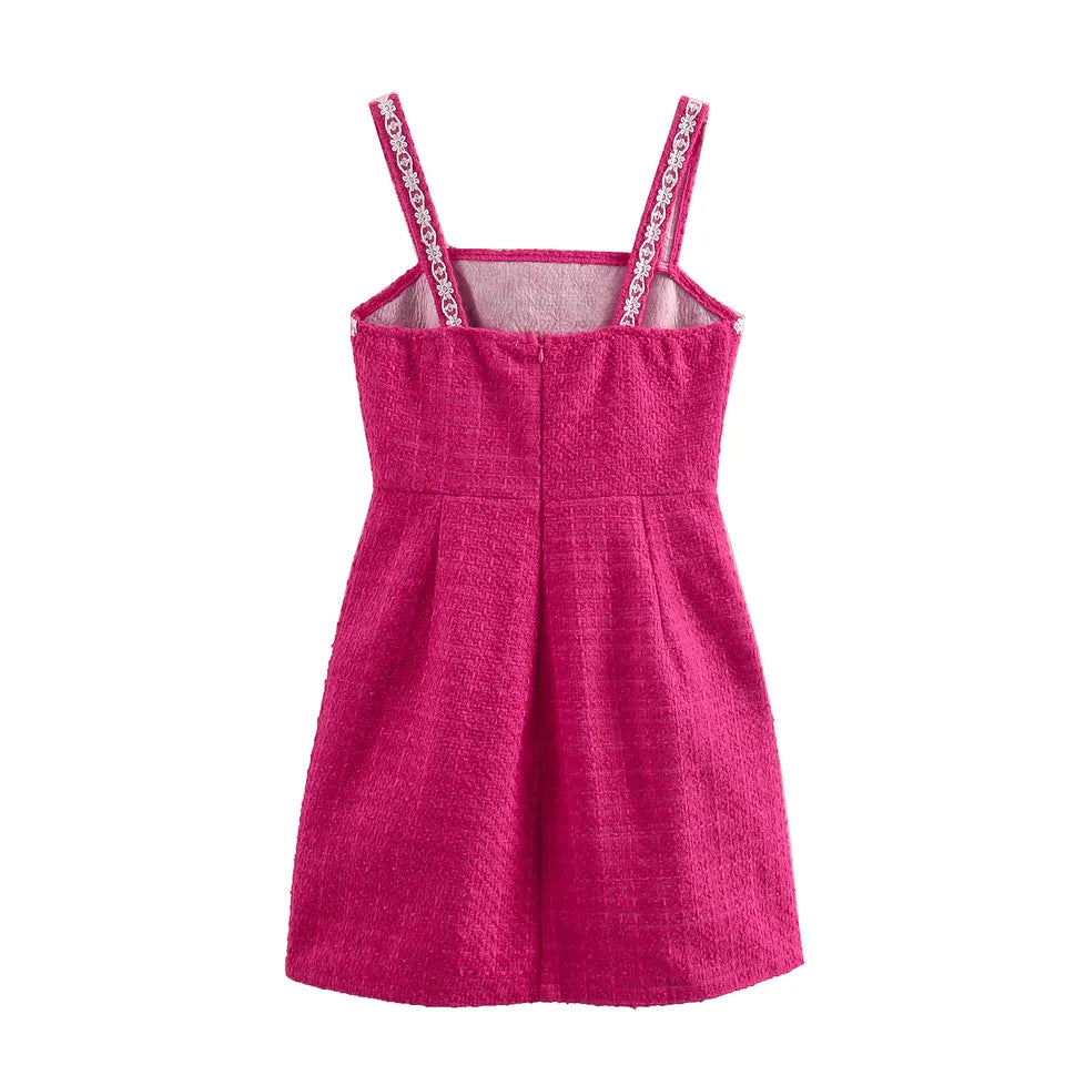 Lorie Pink Lace Square Neckline Tweed Sleeveless with Pockets Mini Dress