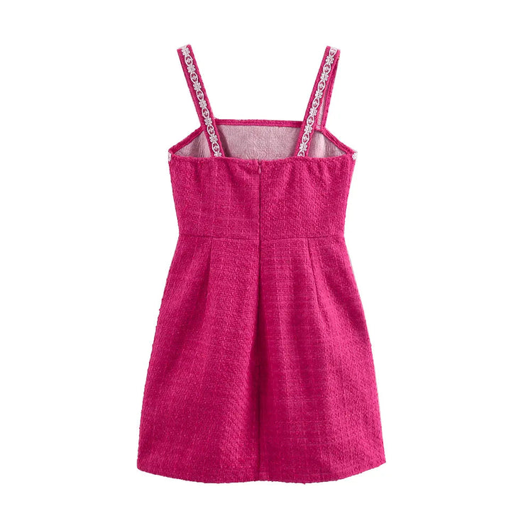 Lorie Pink Lace Square Neckline Tweed Sleeveless with Pockets Mini Dress