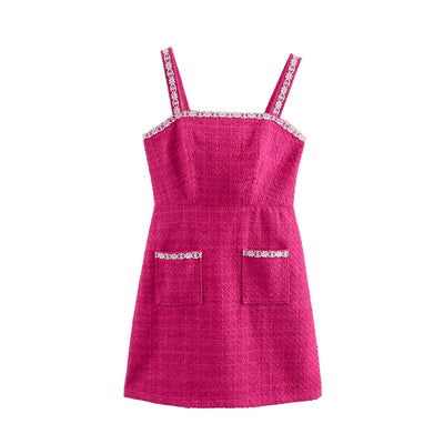 Lorie Pink Lace Square Neckline Tweed Sleeveless with Pockets Mini Dress