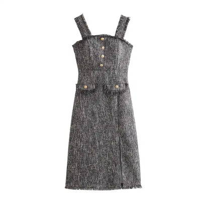 Wynry Grey Raw Edges Buttons Up Front Slit Sleeveless Tweed Midi Dress