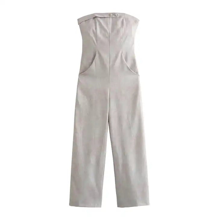 Treszka Beige Lined Front Buttons Side Zipper with Pockets Jumpsuit