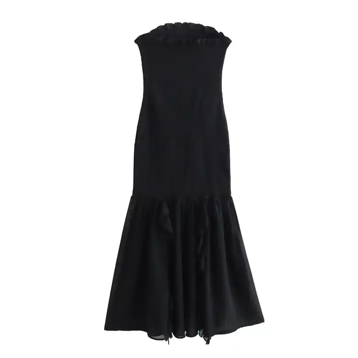 Navi Black Ruffle Neckline Smocked Tube Midi Dress