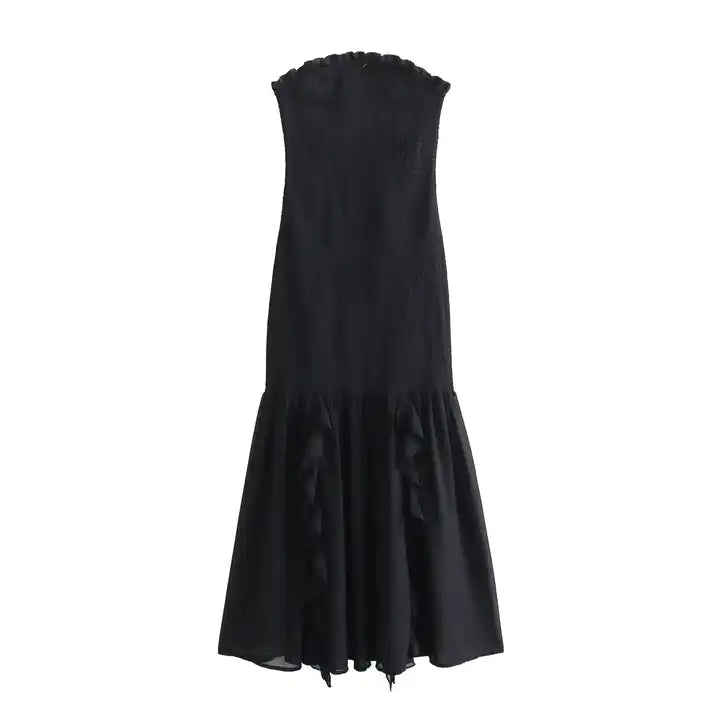 Navi Black Ruffle Neckline Smocked Tube Midi Dress