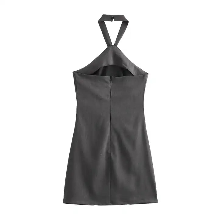 Fiora Grey Halter Front Tie Sexy Back Zipper Sleeveless Mini Dress