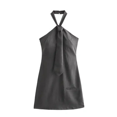 Fiora Grey Halter Front Tie Sexy Back Zipper Sleeveless Mini Dress