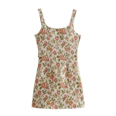 Laren Beige with Red Floral All Over Print Square Neck Sleeveless Mini Dress