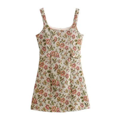 Laren Beige with Red Floral All Over Print Square Neck Sleeveless Mini Dress