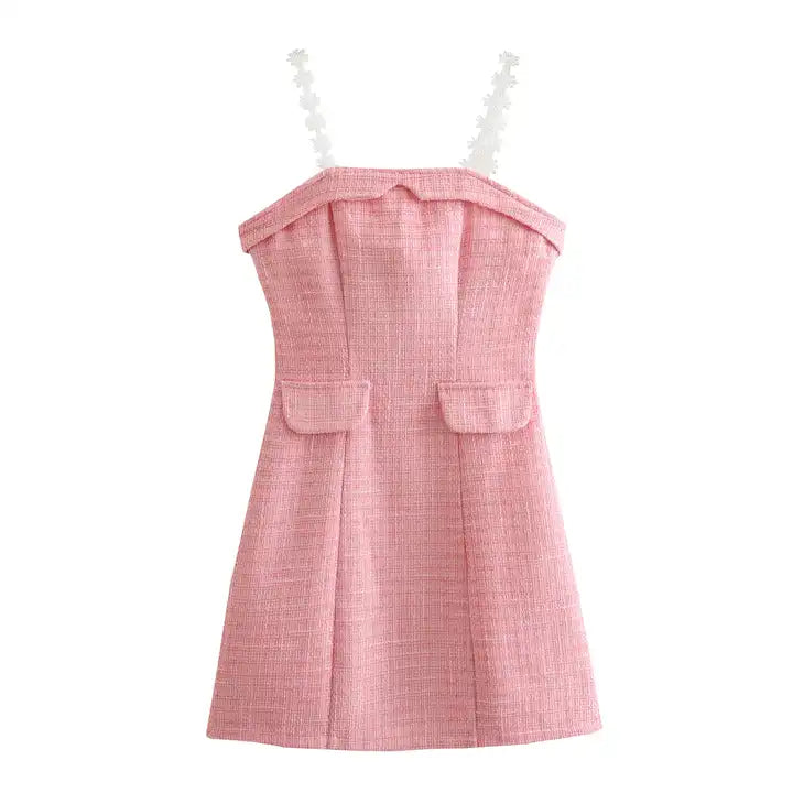 Harleth Pink with White Lace Strap Folded Neckline Back Zipper Tweed Mini Dress