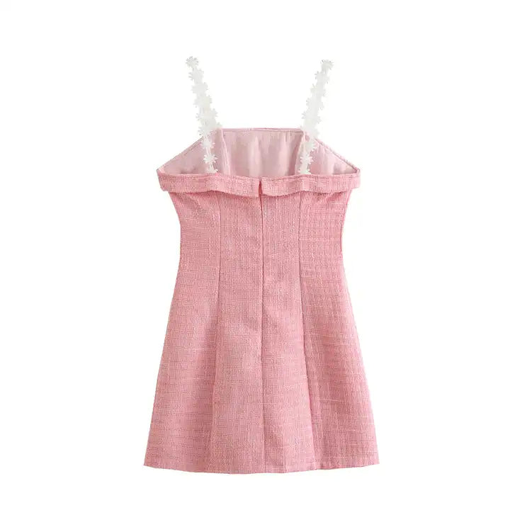 Harleth Pink with White Lace Strap Folded Neckline Back Zipper Tweed Mini Dress