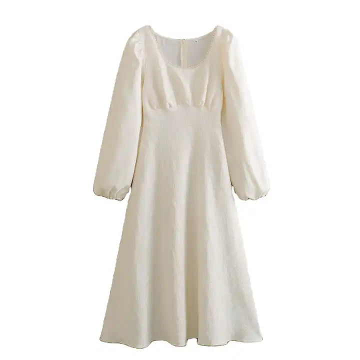 Primrose Beige Texture Beaded Crew Neckline Back Zipper Long Sleeve Mini Dress