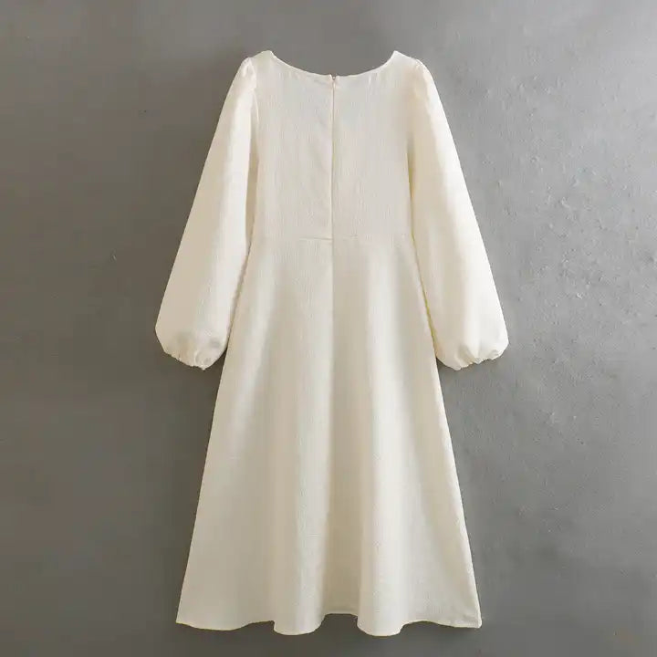 Primrose Beige Texture Beaded Crew Neckline Back Zipper Long Sleeve Mini Dress
