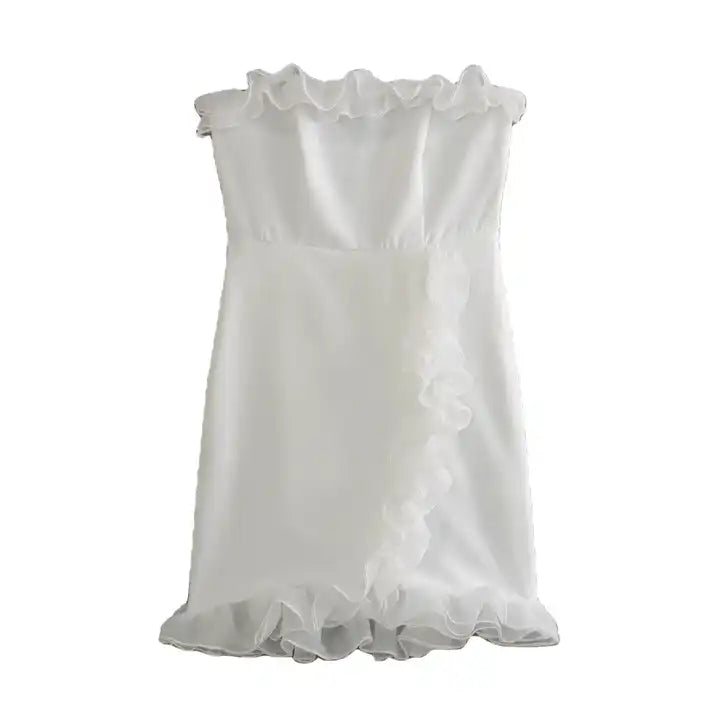Yarisel White Front Ruffle Side Zipper Elastic Back Tube Mini Dress