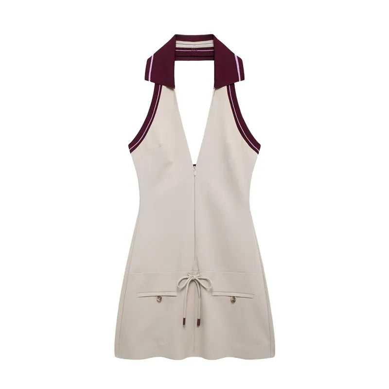 Roma Beige Backless Splicing Striped Ribbed Halter Neck Mini Dress