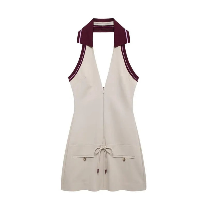 Roma Beige Backless Splicing Striped Ribbed Halter Neck Mini Dress