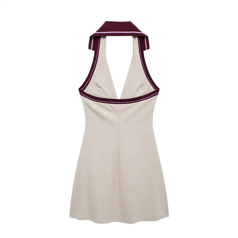 Roma Beige Backless Splicing Striped Ribbed Halter Neck Mini Dress